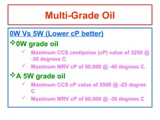 0W Vs 5W (Lower cP better)
0W grade oil
 Maximum CCS centipoise (cP) value of 3250 @
-30 degrees C
 Maximum MRV cP of 60,000 @ -40 degrees C.
A 5W grade oil
 Maximum CCS cP value of 3500 @ -25 degree
C
 Maximum MRV cP of 60,000 @ -30 degrees C
Multi-Grade Oil
 