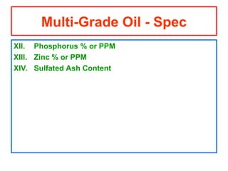 XII. Phosphorus % or PPM
XIII. Zinc % or PPM
XIV. Sulfated Ash Content
Multi-Grade Oil - Spec
 