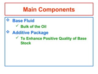  Base Fluid
 Bulk of the Oil
 Additive Package
 To Enhance Positive Quality of Base
Stock
Main Components
 