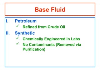 I. Petroleum
 Refined from Crude Oil
II. Synthetic
 Chemically Engineered in Labs
 No Contaminants (Removed via
Purification)
Base Fluid
 