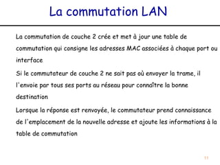 La commutation LAN
La commutation de couche 2 crée et met à jour une table de
commutation qui consigne les adresses MAC associées à chaque port ou
interface

Si le commutateur de couche 2 ne sait pas où envoyer la trame, il
l'envoie par tous ses ports au réseau pour connaître la bonne
destination

Lorsque la réponse est renvoyée, le commutateur prend connaissance
de l'emplacement de la nouvelle adresse et ajoute les informations à la
table de commutation


                                                                    11
 