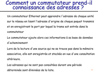 Comment un commutateur prend-il
  connaissance des adresses ?
Un commutateur Ethernet peut apprendre l'adresse de chaque unité
sur le réseau en lisant l'adresse d'origine de chaque paquet transmis
et en enregistrant le port par lequel la trame est entrée dans le
commutateur

Le commutateur ajoute alors ces informations à sa base de données
d'acheminement

Lors de la lecture d'une source qui ne se trouve pas dans la mémoire
associative, elle est enregistrée et stockée en vue d'une consultation
ultérieure.

Les adresses qui ne sont pas consultées durant une période
déterminée sont éliminées de la liste.                              12
 