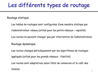 Les différents types de routage

Routage statique:

   Les tables de routages sont configurées d’une manière statique par

   l’administrateur réseau (utilisé pour les petits réseaux : rapidité)

   Les routes ne peuvent changer que par intervention de l’administrateur

   Routage dynamique

   Les routes changes périodiquement par les algorithmes de routages

   appliqués (utilisé pour les grands réseaux : fiabilité)

   Les routes sont adaptatives selon l’état de connexion et le coût des

   liaisons
                                                                          14
 