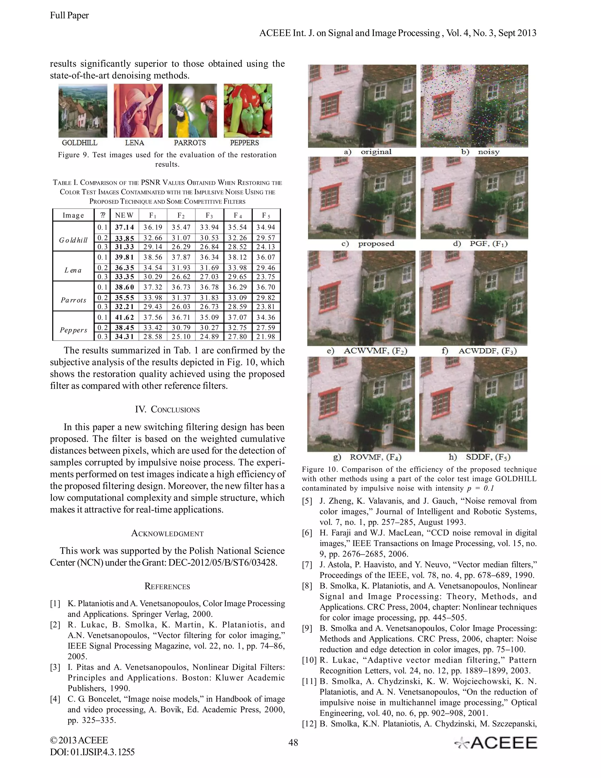 Full Paper
ACEEE Int. J. on Signal and Image Processing , Vol. 4, No. 3, Sept 2013
results significantly superior to those obtained using the
state-of-the-art denoising methods.

Figure 9. Test images used for the evaluation of the restoration
results.
TABLE I. COMPARISON OF THE PSNR VALUES OBTAINED WHEN RESTORING THE
COLOR TEST IMAGES CONTAMINATED WITH THE IMPULSIVE N OISE USING THE
PROPOSED TECHNIQUE AND SOME COMPETITIVE FILTERS
Im ag e

G o ld hi ll

L en a

Pa rr ot s

Pep per s

??

NE W

F1

F2

F3

F4

F5

0. 1
0. 2
0. 3
0. 1
0. 2
0. 3
0. 1
0. 2
0. 3
0. 1
0. 2
0. 3

37 .1 4

3 6. 19
3 2. 66
2 9. 14
3 8. 56
3 4. 54
3 0. 29
3 7. 32
3 3. 98
2 9. 43
3 7. 56
3 3. 42
2 8. 58

3 5. 47
3 1. 07
2 6. 29
3 7. 87
3 1. 93
2 6. 62
3 6. 73
3 1. 37
2 6. 03
3 6. 71
3 0. 79
2 5. 10

3 3. 94
3 0. 53
2 6. 84
3 6. 34
3 1. 69
2 7. 03
3 6. 78
3 1. 83
2 6. 73
3 5. 09
3 0. 27
2 4. 89

3 5. 54
3 2. 26
2 8. 52
3 8. 12
3 3. 98
2 9. 65
3 6. 29
3 3. 09
2 8. 59
3 7. 07
3 2. 75
2 7. 80

3 4. 94
2 9. 57
2 4. 13
3 6. 07
2 9. 46
2 3. 75
3 6. 70
2 9. 82
2 3. 81
3 4. 36
2 7. 59
2 1. 98

33 .8 5
31 .3 3
39 .8 1
36 .3 5
33 .3 5
38 .6 0
35 .5 5
32 .2 1
41 .6 2
38 .4 5
34 .3 1

The results summarized in Tab. 1 are confirmed by the
subjective analysis of the results depicted in Fig. 10, which
shows the restoration quality achieved using the proposed
filter as compared with other reference filters.
IV. CONCLUSIONS
In this paper a new switching filtering design has been
proposed. The filter is based on the weighted cumulative
distances between pixels, which are used for the detection of
samples corrupted by impulsive noise process. The experiments performed on test images indicate a high efficiency of
the proposed filtering design. Moreover, the new filter has a
low computational complexity and simple structure, which
makes it attractive for real-time applications.

Figure 10. Comparison of the efficiency of the proposed technique
with other methods using a part of the color test image GOLDHILL
contaminated by impulsive noise with intensity p = 0.1

[5] J. Zheng, K. Valavanis, and J. Gauch, “Noise removal from
color images,” Journal of Intelligent and Robotic Systems,
vol. 7, no. 1, pp. 257–285, August 1993.
[6] H. Faraji and W.J. MacLean, “CCD noise removal in digital
images,” IEEE Transactions on Image Processing, vol. 15, no.
9, pp. 2676–2685, 2006.
[7] J. Astola, P. Haavisto, and Y. Neuvo, “Vector median filters,”
Proceedings of the IEEE, vol. 78, no. 4, pp. 678–689, 1990.
[8] B. Smolka, K. Plataniotis, and A. Venetsanopoulos, Nonlinear
Signal and Image Processing: Theory, Methods, and
Applications. CRC Press, 2004, chapter: Nonlinear techniques
for color image processing, pp. 445–505.
[9] B. Smolka and A. Venetsanopoulos, Color Image Processing:
Methods and Applications. CRC Press, 2006, chapter: Noise
reduction and edge detection in color images, pp. 75–100.
[10] R. Lukac, “Adaptive vector median filtering,” Pattern
Recognition Letters, vol. 24, no. 12, pp. 1889–1899, 2003.
[11] B. Smolka, A. Chydzinski, K. W. Wojciechowski, K. N.
Plataniotis, and A. N. Venetsanopoulos, “On the reduction of
impulsive noise in multichannel image processing,” Optical
Engineering, vol. 40, no. 6, pp. 902–908, 2001.
[12] B. Smolka, K.N. Plataniotis, A. Chydzinski, M. Szczepanski,

ACKNOWLEDGMENT
This work was supported by the Polish National Science
Center (NCN) under the Grant: DEC-2012/05/B/ST6/03428.
REFERENCES
[1] K. Plataniotis and A. Venetsanopoulos, Color Image Processing
and Applications. Springer Verlag, 2000.
[2] R. Lukac, B. Smolka, K. Martin, K. Plataniotis, and
A.N. Venetsanopoulos,  “Vector  filtering  for  color  imaging,”
IEEE Signal Processing Magazine, vol. 22, no. 1, pp. 74–86,
2005.
[3] I. Pitas and A. Venetsanopoulos, Nonlinear Digital Filters:
Principles and Applications. Boston: Kluwer Academic
Publishers, 1990.
[4] C. G. Boncelet, “Image noise models,” in Handbook of image
and video processing, A. Bovik, Ed. Academic Press, 2000,
pp. 325–335.

© 2013 ACEEE
DOI: 01.IJSIP.4.3. 1255

48

 