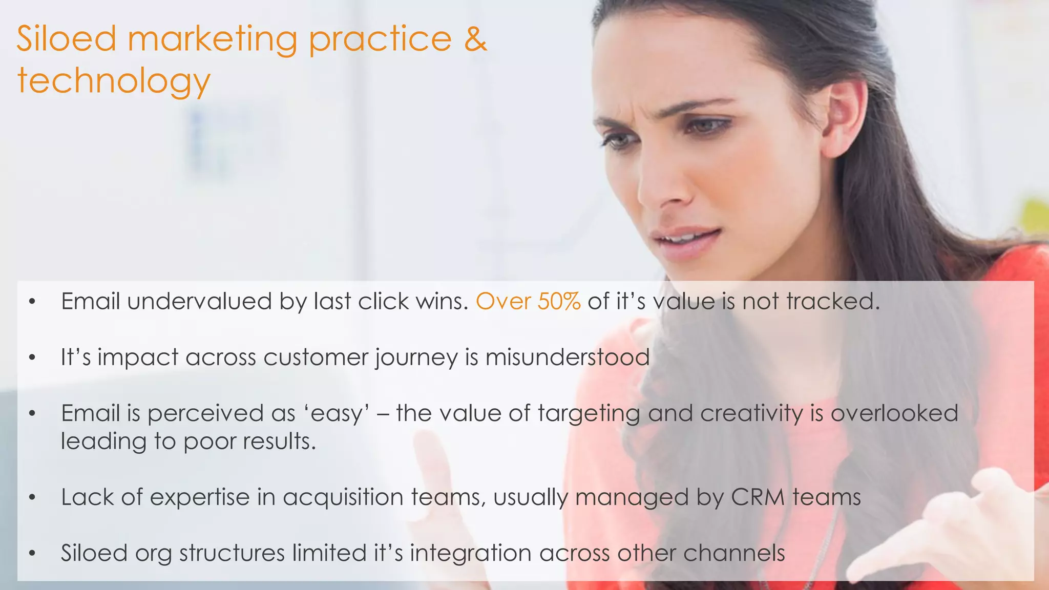 12 
Siloed marketing practice & technology 
•Email undervalued by last click wins. Over 50% of it’s value is not tracked. 
•It’s impact across customer journey is misunderstood 
•Email is perceived as ‘easy’ – the value of targeting and creativity is overlooked leading to poor results. 
•Lack of expertise in acquisition teams, usually managed by CRM teams 
•Siloed org structures limited it’s integration across other channels  