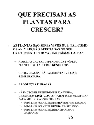 QUE PRECISAM AS
PLANTAS PARA
CRESCER?
•

AS PLANTAS SÃO SERES VIVOS QUE, TAL COMO
OS ANIMAIS, SÃO AFECTADAS NO SEU
CRESCIMENTO POR VARIADISSÍMAS CAUSAS:
– ALGUMAS CAUSAS DEPENDEM DA PRÓPRIA
PLANTA. SÃO FACTORES GENÉTICOS.
– OUTRAS CAUSAS SÃO AMBIENTAIS: LUZ E
TEMPERATURA.
– AS DOENÇAS E PRAGAS
– HÁ FACTORES DEPENDENTES DA TERRA,
CHAMADOS EDÁFICOS. O HOMEM PODE MODIFICAR
PARA MELHOR AS SUA TERRAS:
• PODE-LHES FORNECER NUTRIENTES: FERTILIZANDO
• PODE-LHES FORNECER HUMIDADE: REGANDO
• PODE-LHES FORNECER AR: LAVRANDO OU
GRADANDO

26

 