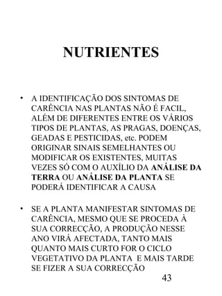 NUTRIENTES
•

A IDENTIFICAÇÃO DOS SINTOMAS DE
CARÊNCIA NAS PLANTAS NÃO É FACIL,
ALÉM DE DIFERENTES ENTRE OS VÁRIOS
TIPOS DE PLANTAS, AS PRAGAS, DOENÇAS,
GEADAS E PESTICIDAS, etc. PODEM
ORIGINAR SINAIS SEMELHANTES OU
MODIFICAR OS EXISTENTES, MUITAS
VEZES SÓ COM O AUXÍLIO DA ANÁLISE DA
TERRA OU ANÁLISE DA PLANTA SE
PODERÁ IDENTIFICAR A CAUSA

•

SE A PLANTA MANIFESTAR SINTOMAS DE
CARÊNCIA, MESMO QUE SE PROCEDA À
SUA CORRECÇÃO, A PRODUÇÃO NESSE
ANO VIRÁ AFECTADA, TANTO MAIS
QUANTO MAIS CURTO FOR O CICLO
VEGETATIVO DA PLANTA E MAIS TARDE
SE FIZER A SUA CORRECÇÃO

43

 