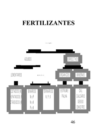 FERTILIZANTES
F E R T IL IZ A N T E S
ADUBOS
ELEM ENTARES

A Z O T A D O S (N )
F O S F A T A D O S (P )
P O T Á S S IC O S (K )

C O R R E C T IV O S
C O M PO STO S

B IN Á R IO S
NeP
NeK
PeK

T E R N Á R IO S
N,P,K

O R G Â N IC O S

M IN E R A IS

ESTRU M E
PALHA

CAL
C A L C Á R IO
GESSO
ENXO FRE
46

 