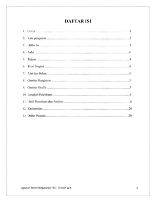 DAFTAR ISI
1. Cover ………………………………………………………………………………...1
2. Kata pengantar ………………………………………………………………………2
3. Daftar Isi …………………………………………………………………………….3
4. Judul ………………………………………………………………………………...4
5. Tujuan ……………………………………………………………………………….4
6. Teori Singkat ………………………………………………………………………..4
7. Alat dan Bahan ……………………………………………………………………...5
8. Gambar Rangkaian ……………………………………………………………….....5
9. Gambar Grafik …………………………………………………………………........5
10. Langkah Percobaan ………………………………………………………………….6
11. Hasil Percobaan dan Analisa…………………..……………………………………..8
12. Kesimpulan …………………………………………………………………………20
13. Daftar Pustaka ………………………………………………………………………20

Laporan Tenik Pengaturan TRS - Tri Asih W.K

3

 