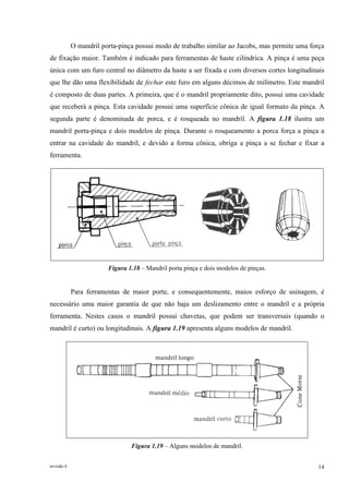 revisão 6 14
O mandril porta-pinça possui modo de trabalho similar ao Jacobs, mas permite uma força
de fixação maior. Também é indicado para ferramentas de haste cilíndrica. A pinça é uma peça
única com um furo central no diâmetro da haste a ser fixada e com diversos cortes longitudinais
que lhe dão uma flexibilidade de fechar este furo em alguns décimos de milímetro. Este mandril
é composto de duas partes. A primeira, que é o mandril propriamente dito, possui uma cavidade
que receberá a pinça. Esta cavidade possui uma superfície cônica de igual formato da pinça. A
segunda parte é denominada de porca, e é rosqueada no mandril. A figura 1.18 ilustra um
mandril porta-pinça e dois modelos de pinça. Durante o rosqueamento a porca força a pinça a
entrar na cavidade do mandril, e devido a forma cônica, obriga a pinça a se fechar e fixar a
ferramenta.
Figura 1.18 – Mandril porta pinça e dois modelos de pinças.
Para ferramentas de maior porte, e consequentemente, maios esforço de usinagem, é
necessário uma maior garantia de que não haja um deslizamento entre o mandril e a própria
ferramenta. Nestes casos o mandril possui chavetas, que podem ser transversais (quando o
mandril é curto) ou longitudinais. A figura 1.19 apresenta alguns modelos de mandril.
Figura 1.19 – Alguns modelos de mandril.
 