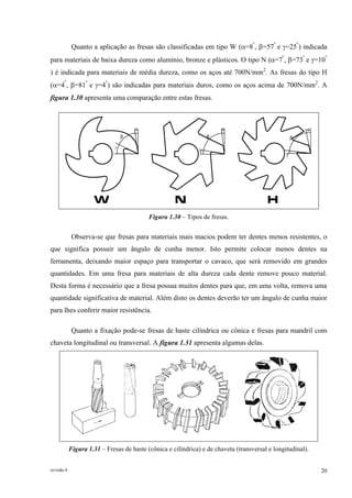 revisão 6 20
Quanto a aplicação as fresas são classificadas em tipo W (α=8º
, β=57º
e γ=25º
) indicada
para materiais de baixa dureza como alumínio, bronze e plásticos. O tipo N (α=7º
, β=73º
e γ=10º
) é indicada para materiais de média dureza, como os aços até 700N/mm2
. As fresas do tipo H
(α=4º
, β=81º
e γ=4º
) são indicadas para materiais duros, como os aços acima de 700N/mm2
. A
figura 1.30 apresenta uma comparação entre estas fresas.
Figura 1.30 – Tipos de fresas.
Observa-se que fresas para materiais mais macios podem ter dentes menos resistentes, o
que significa possuir um ângulo de cunha menor. Isto permite colocar menos dentes na
ferramenta, deixando maior espaço para transportar o cavaco, que será removido em grandes
quantidades. Em uma fresa para materiais de alta dureza cada dente remove pouco material.
Desta forma é necessário que a fresa possua muitos dentes para que, em uma volta, remova uma
quantidade significativa de material. Além disto os dentes deverão ter um ângulo de cunha maior
para lhes conferir maior resistência.
Quanto a fixação pode-se fresas de haste cilíndrica ou cônica e fresas para mandril com
chaveta longitudinal ou transversal. A figura 1.31 apresenta algumas delas.
Figura 1.31 – Fresas de haste (cônica e cilíndrica) e de chaveta (transversal e longitudinal).
 