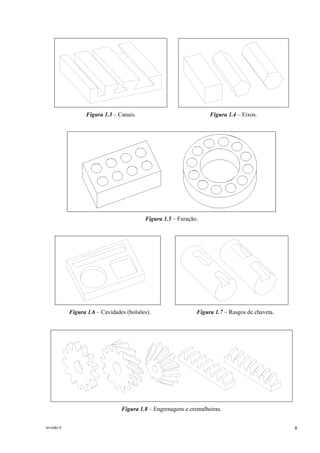revisão 6 8
Figura 1.3 – Canais. Figura 1.4 – Eixos.
Figura 1.5 – Furação.
Figura 1.6 – Cavidades (bolsões). Figura 1.7 – Rasgos de chaveta.
Figura 1.8 – Engrenagens e cremalheiras.
 