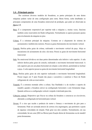 revisão 6 9
1.4 – Principais partes
Por existirem diversos modelos de fresadoras, as partes principais de uma destas
máquinas podem variar de uma configuração para outra. Desta forma, serão detalhadas os
principais componentes de uma fresadora omniversal de produção, que pode ser observada na
figura 1.9.
Base: É o componente responsável por suportar toda a máquina e, muitas vezes, funciona
também como reservatório de fluido refrigerante. Normalmente os apoios possuem ajustes
para nivelamento da máquina no piso.
Coluna: É a estrutura principal da máquina. Costuma ser o alojamento do sistema de
acionamento e também dos motores. Possui as guias (barramento) do movimento vertical.
Console: Desliza pelas guias da coluna, realizando o movimento vertical da peça. Aloja os
mecanismos de acionamento da sela e da mesa. Possui as guias do movimento horizontal
transversal.
Sela: Na omniversal divide-se em duas partes denominadas sela inferior e sela superior. A sela
inferior desliza pelas guias do console, realizando o movimento horizontal transversal. A
sela superior gira em um plano horizontal em relação a sela inferior, permitindo-se inclinar
a peça. A sela superior possui as guias do movimento horizontal longitudinal.
Mesa: Desliza pelas guias da sela superior realizando o movimento horizontal longitudinal.
Possui rasgos em T para fixação das peças e acessórios e canalizar o fluxo de fluido
refrigerante de volta ao reservatório.
Torpedo: É a estrutura montada sobre a coluna. Sua finalidade é a de receber o suporte do
mandril, quando a fresadora estiver na configuração horizontal e com ferramenta longa.
Quando utiliza-se a configuração vertical o torpedo é deslizado para trás.
Cabeçote vertical: Dispositivo que fixa-se na coluna da fresadora e conecta-se ao eixo-árvore,
alterando a configuração de horizontal para vertical.
Árvore: É o eixo que recebe a potência do motor e fornece o movimento de giro para a
ferramenta. Pode ser acionada através de correia e/ou engrenagens, que permitem o ajuste
de algumas velocidades de rotação. Pode girar nos dois sentidos. Normalmente, em sua
extremidade, há um cone (ISO ou Morse) para fixação direta de ferramentas ou de mandril
porta ferramentas.
 