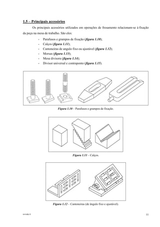 revisão 6 11
1.5 – Principais acessórios
Os principais acessórios utilizados em operações de fresamento relacionam-se à fixação
da peça na mesa de trabalho. São eles:
- Parafusos e grampos de fixação (figura 1.10);
- Calços (figura 1.11);
- Cantoneiras de angulo fixo ou ajustável (figura 1.12);
- Morsas (figura 1.13);
- Mesa divisora (figura 1.14);
- Divisor universal e contraponto (figura 1.15).
Figura 1.10 – Parafusos e grampos de fixação.
Figura 1.11 – Calços.
Figura 1.12 – Cantoneiras (de ângulo fixo e ajustável).
 