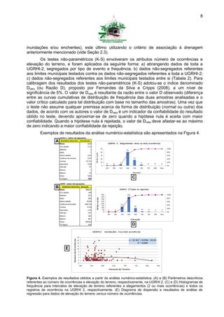 8




inundações e/ou enchentes), este último utilizando o critério de associação à drenagem
anteriormente mencionado (vide Seção 2.3).
         Os testes não-paramétricos (K-S) envolveram os atributos número de ocorrências e
elevação do terreno, e foram aplicados da seguinte forma: a) abrangendo dados de toda a
UGRHI-2, segregados por tipo de evento e frequência; b) dados não-segregados referentes
aos limites municipais testados contra os dados não-segregados referentes a toda a UGRHI-2;
c) dados não-segregados referentes aos limites municipais testados entre si (Tabela 2). Para
calibragem dos resultados dos testes não-paramétricos (K-S) adotou-se o índice denominado
Dratio (ou Razão D), proposto por Fernandes da Silva e Cripps (2008), a um nível de
significância de 5%. O valor de Dratio é resultante da razão entre o valor D observado (diferença
entre as curvas cumulativas de distribuição de frequência das duas amostras analisadas e o
valor crítico calculado para tal distribuição com base no tamanho das amostras). Uma vez que
o teste não assume qualquer premissa acerca da forma de distribuição (normal ou outra) dos
dados, de acordo com os autores o valor de Dratio é um indicador da confiabilidade do resultado
obtido no teste, devendo aproximar-se de zero quando a hipótese nula é aceita com maior
confiabilidade. Quando a hipótese nula é rejeitada, o valor de Dratio deve afastar-se ao máximo
de zero indicando a maior confiabilidade da rejeição.
        Exemplos de resultados da análise numérico-estatística são apresentados na Figura 4.
                      UGRHI 2 - dados não-agrupados

                  A Média Descritiva - Ocorrências
                     Estatística
                                               2,14                                                                    UG R H I - 2   Alag amentos : duas ou mais oc orrênc ias
                      Erro padrão                                              0,12
                      Mediana                                                    1                          50                                                                                              100%
                                                                                                                                                   41
                      Modo                                                       1                          40                                                                                              80%
                                                                                          Nº de L oc ais




                      Desvio padrão                                            2,93                         30                                                                                              60%
                      Variância da amostra                                     8,57                         20                                               17                                             40%
                      Curtose                                                141,67
                                                                                                            10                        3                                     3                               20%
                      Assimetria                                               9,38                                0         0                                                      0    0            0
                                                                                                             0                                                                                              0%
                      Intervalo                                                 51
                                                                                                                   450       500      550          600      650           700      750   800         Mais
                      Mínimo                                                     1
                      Máximo                                                    52                                                                          E le va ç ã o
                      Soma                                                    1295
                      Contagem                                                 606                                                                         C
                      UGRHI - dados não-agrupados

                  B Média
                      Estatística Descritiva - Elevação
                                                    578,13                                                                            UG R H I - 2 T odos os reg is tros
                      Erro padrão                                              1,86
                      Mediana                                                  570                          400                                    355                                                      100%
                                                                                                            350
                                                                                           Nº de L oc ais




                      Modo                                                     565                          300                                                                                             80%
                      Desvio padrão                                           45,69                         250                                                                                             60%
                      Variância da amostra                                  2087,55                         200
                                                                                                            150                        127                                                                  40%
                      Curtose                                                 10,38                                                                           91
                                                                                                            100                                                                                             20%
                      Assimetria                                               2,39                          50        1         2                                          15      9     2           4
                                                                                                              0                                                                                             0%
                      Intervalo                                                437
                                                                                                                    450       500      550          600       650           700    750   800         Mais
                      Mínimo                                                   444
                      Máximo                                                   881                                                                        E levaç ão
                      Soma                                                  350349
                      Contagem                                                 606                                                                         D
                                                                                      UG R H I-2                  Inundaç ões : 2 ou mais oc orrênc ias

                                                                 18
                                       Número de Oc orrênc ias




                                                                                                                                                                      2
                                                                 16                                                                                     y = -6E -05x + 0,0786x - 20,192
                                                                                                                                                                      2
                                                                 14                                                                                                  R = 0,0098
                                                                 12
                               E                                 10
                                                                  8
                                                                  6
                                                                  4
                                                                  2
                                                                  0
                                                                      500         550                       600             650              700               750                800          850

                                                                                                                         E levaç ão do T erreno



Figura 4. Exemplos de resultados obtidos a partir da análise numérico-estatística. (A) e (B) Parâmetros descritivos
referentes ao número de ocorrências e elevação do terreno, respectivamente, na UGRHI 2. (C) e (D) Histogramas de
frequência para intervalos de elevação de terreno referentes a alagamentos (2 ou mais ocorrências) e todos os
registros de ocorrência na UGRHI 2, respectivamente. (E) Diagrama de dispersão e resultados de análise de
regressão para dados de elevação do terreno versus número de ocorrências.
 