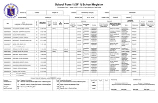School Form 1 (SF 1) School Register
(This replaces Form 1, Master List & STS Form 2-Family Background and Profile)
Sayao PS 2013 - 2014
Region IX
Grade 4
Zamboanga SibugaySchool ID
Section
125655 District
1
Kabasalan
Grade Level
Division
School YearSchool Name
LRN
NAME
(Last Name, First Name, Middle Name)
Sex(M/F)
BIRTH DATE
(mm/dd/yyyy)
AGE as
of 1st
Friday
June
MOTHER
TOUNGE
IP
(Ethnic
Group)
RELIGION
ADDRESS
House #/
Street/ Sitio/
Purok
Barangay
Municipality/
City
Province
PARENTS
Father's Name (Last
Name, First Name,
Middle Name)
Mother's Maiden Name
(Last Name, First Name,
Middle Name)
Name Relationship
GUARDIAN
(if Not Parent) Contact
Number of
Parent or
Guardian
REMARKS
(Please refer to the
legend on last
page)
125655080004 07-06-2002MGALLEPOSO, JUNRIEL CAWAN Others Catholic SAYAO
KABASALA
N
ZAMBOANG
A SIBUGAY
MERLITA CAWAN
EDGARDO A
GALLEPOSO
PARENT
125655090007 04-07-1998MGREGANA, SHERWIN GAUDIANO SAYAO
KABASALA
N
ZAMBOANG
A SIBUGAY
VERGELIA TORIBIO
GAUDIANO
LUCENIO
FRANCISCO
GREGANA
PARENT
125655090008 05-07-2001MGULO, ERWIN MUEBLAS SAYAO
KABASALA
N
ZAMBOANG
A SIBUGAY
EDITH MUEBLAS
GULO
SARIO DIGORO PARENT
125655090009 06-13-2002MLAGUMBAY, KERVIE TANDUS SAYAO
KABASALA
N
ZAMBOANG
A SIBUGAY
NELDA DULUHAN
TANDUS
NILO SUMILE
LAGUMBAY
PARENT
125655090010 07-11-2002MMAGHANOY, JAYMARK SAMPAYAN SAYAO
KABASALA
N
ZAMBOANG
A SIBUGAY
CRISTINA
SAMPAYAN
CANDIDO
ORONG
MAGHANOY JR
PARENT
125655080011 11-01-1999MQUIÑO, JOEL BULAY-OG SAYAO
KABASALA
N
ZAMBOANG
A SIBUGAY
ROGELIA CAAY
BULAY - OG
JULITO
BONGHANOY
QUIÑO
PARENT
<=== TOTAL MALE6
125655090001 11-04-2003FARIOLA, KRISTINE CATALBAS Cebuano Catholic SAYAO
KABASALA
N
ZAMBOANG
A SIBUGAY
ONORINA ACOSTA
CATABLAS
CRESENTE
LAGO ARIOLA
PARENT
125655130001 08-22-2001FCAWAN, VIVIAN GALLEPOSO Others Catholic SAYAO
KABASALA
N
ZAMBOANG
A SIBUGAY
ERLINDA
GALLEPOSO
ROMY CAWAN PARENT
125655090005 11-06-2002FGREGANA, NOVA TUWAWA SAYAO
KABASALA
N
ZAMBOANG
A SIBUGAY
ELSA TAGYUBON
TUWAWA
ARMANDO
FRANCISCO
GREGANA
PARENT
125655090006 10-12-2002FGREGANA, PILAR GAUDIANO SAYAO
KABASALA
N
ZAMBOANG
A SIBUGAY
VIRGILIA TORIBIO
GAUDIANO
LUCENIO
FRANCISCO
GREGANA
PARENT
125655090011 10-14-2002FMIQUIABAS, LIZA JOY LAGUD SAYAO
KABASALA
N
ZAMBOANG
A SIBUGAY
ELISA JEORFO
LAGUD
JOEL DELOS
REYES
MIQUIABAS
PARENT
125655090013 03-09-2002FSANDALAN, ANGELINA GREGANA SAYAO
KABASALA
N
ZAMBOANG
A SIBUGAY
LUCENA GARCIA
GREGANA
JULITO PANDI
SANDALAN
PARENT
125655090015 07-30-2004FTANDUS, FERZIE AZUSANA SAYAO
KABASALA
N
ZAMBOANG
A SIBUGAY
LUCENA
QUICKSON
AZUSANA
FERNANDO
DULUHAN
TANDUS
PARENT
125655090016 07-12-2002FTIMOSA, IRISH SAGANG SAYAO
KABASALA
N
ZAMBOANG
A SIBUGAY
JENNY SILVANO
SAGANG
IKQUIL LUANG
TIMOSA
PARENT
<=== TOTAL FEMALE8
Indicator Code Required Information Code Required Information REGISTERED BoSY EoSY
MALE
FEMALE
TOTAL
CCT Control/reference number & Effectivity Date
Name of school last attended & Year
Specify
Specify Level & Effectivity Data
Transfered Out
Transfered In
Dropped
Late Enrollment
T/O
T/I
DRP
LE
Name of Public (P) Private (PR) School & Effectivity Date
Name of Public (P) Private (PR) School & Effectivity Date
Reason and Effectivity Date
CCT
B/A
LWD
ACL
Prepared by; Certified Correct:
DENNIS MILLARES YAPE Socrates A. Cahanap, Jr.
(Signature of Adviser over Printed Name) (Signature of School Head over Printed Name)
BoSY Date: EoSY Date: EoSY Date:BoSY Date:
<=== COMBINED14
List and Code of Indicators under REMARKS column
 