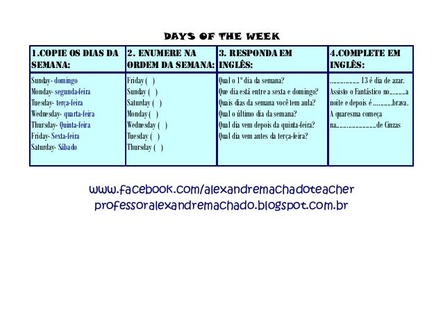 Days Of The Week Os Dias Da Semana Em Ingles Atividade dias dela semana en ingles para imprimir