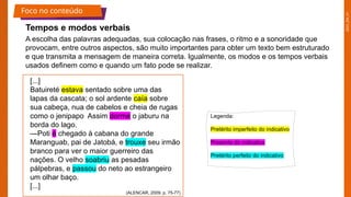 2025_EM_V1
Foco no conteúdo
Tempos e modos verbais
A escolha das palavras adequadas, sua colocação nas frases, o ritmo e a sonoridade que
provocam, entre outros aspectos, são muito importantes para obter um texto bem estruturado
e que transmita a mensagem de maneira correta. Igualmente, os modos e os tempos verbais
usados definem como e quando um fato pode se realizar.
[...]
Batuireté estava sentado sobre uma das
lapas da cascata; o sol ardente caía sobre
sua cabeça, nua de cabelos e cheia de rugas
como o jenipapo Assim dorme o jaburu na
borda do lago.
—Poti é chegado à cabana do grande
Maranguab, pai de Jatobá, e trouxe seu irmão
branco para ver o maior guerreiro das
nações. O velho soabriu as pesadas
pálpebras, e passou do neto ao estrangeiro
um olhar baço.
[...]
(ALENCAR, 2009. p. 75-77)
Legenda:
Pretérito imperfeito do indicativo
Presente do indicativo
Pretérito perfeito do indicativo
 