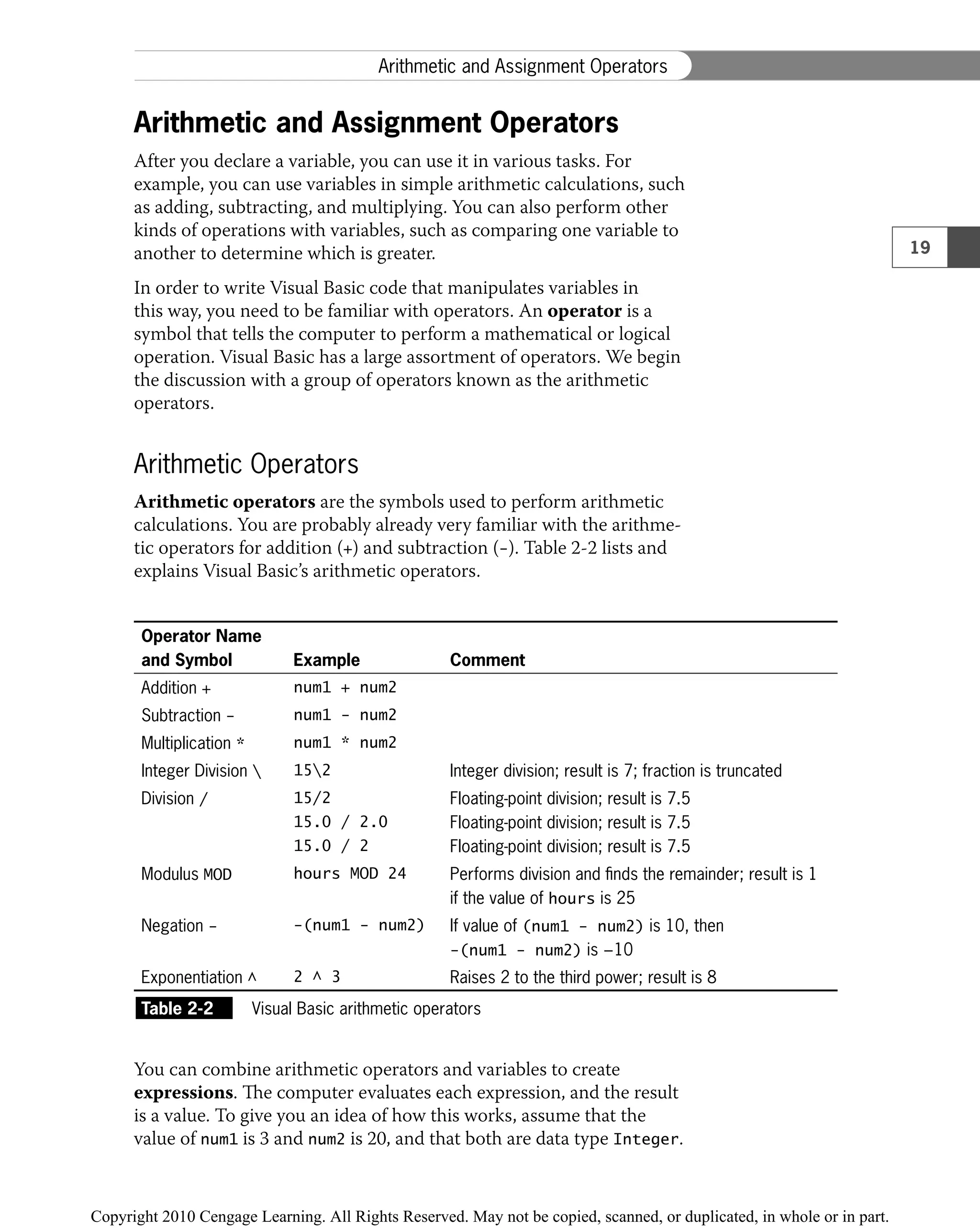 Arithmetic and Assignment Operators
After you declare a variable, you can use it in various tasks. For
example, you can use variables in simple arithmetic calculations, such
as adding, subtracting, and multiplying. You can also perform other
kinds of operations with variables, such as comparing one variable to
another to determine which is greater.
In order to write Visual Basic code that manipulates variables in
this way, you need to be familiar with operators. An operator is a
symbol that tells the computer to perform a mathematical or logical
operation. Visual Basic has a large assortment of operators. We begin
the discussion with a group of operators known as the arithmetic
operators.
Arithmetic Operators
Arithmetic operators are the symbols used to perform arithmetic
calculations. You are probably already very familiar with the arithme-
tic operators for addition (+) and subtraction (−). Table 2-2 lists and
explains Visual Basic’s arithmetic operators.
Operator Name
and Symbol Example Comment
Addition + num1 + num2
Subtraction − num1 − num2
Multiplication * num1 * num2
Integer Division  152 Integer division; result is 7; fraction is truncated
Division / 15/2
15.0 / 2.0
15.0 / 2
Floating-point division; result is 7.5
Floating-point division; result is 7.5
Floating-point division; result is 7.5
Modulus MOD hours MOD 24 Performs division and ﬁnds the remainder; result is 1
if the value of hours is 25
Negation − −(num1 − num2) If value of (num1 − num2) is 10, then
−(num1 − num2) is −10
Exponentiation ^ 2 ^ 3 Raises 2 to the third power; result is 8
Table 2-2 Visual Basic arithmetic operators
You can combine arithmetic operators and variables to create
expressions. The computer evaluates each expression, and the result
is a value. To give you an idea of how this works, assume that the
value of num1 is 3 and num2 is 20, and that both are data type Integer.
19
Arithmetic and Assignment Operators
 