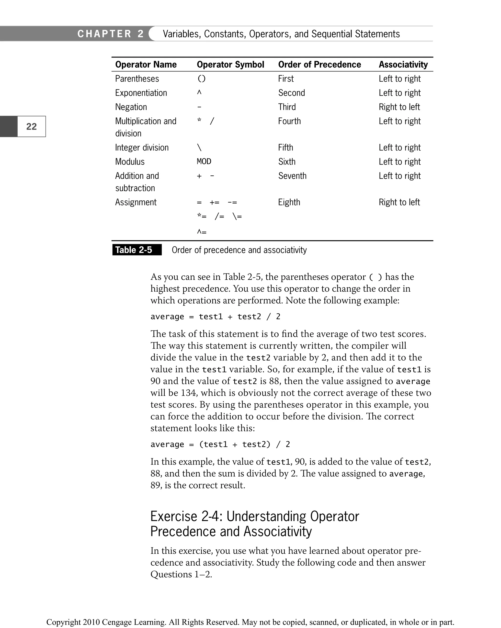 Operator Name Operator Symbol Order of Precedence Associativity
Parentheses () First Left to right
Exponentiation ^ Second Left to right
Negation − Third Right to left
Multiplication and
division
* / Fourth Left to right
Integer division  Fifth Left to right
Modulus MOD Sixth Left to right
Addition and
subtraction
+ − Seventh Left to right
Assignment = += −= Eighth Right to left
*= /= =
^=
Table 2-5 Order of precedence and associativity
As you can see in Table 2-5, the parentheses operator ( ) has the
highest precedence. You use this operator to change the order in
which operations are performed. Note the following example:
average = test1 + test2 / 2
The task of this statement is to ﬁnd the average of two test scores.
The way this statement is currently written, the compiler will
divide the value in the test2 variable by 2, and then add it to the
value in the test1 variable. So, for example, if the value of test1 is
90 and the value of test2 is 88, then the value assigned to average
will be 134, which is obviously not the correct average of these two
test scores. By using the parentheses operator in this example, you
can force the addition to occur before the division. The correct
statement looks like this:
average = (test1 + test2) / 2
In this example, the value of test1, 90, is added to the value of test2,
88, and then the sum is divided by 2. The value assigned to average,
89, is the correct result.
Exercise 2-4: Understanding Operator
Precedence and Associativity
In this exercise, you use what you have learned about operator pre-
cedence and associativity. Study the following code and then answer
Questions 1–2.
22
C H A P T E R 2 Variables, Constants, Operators, and Sequential Statements
 