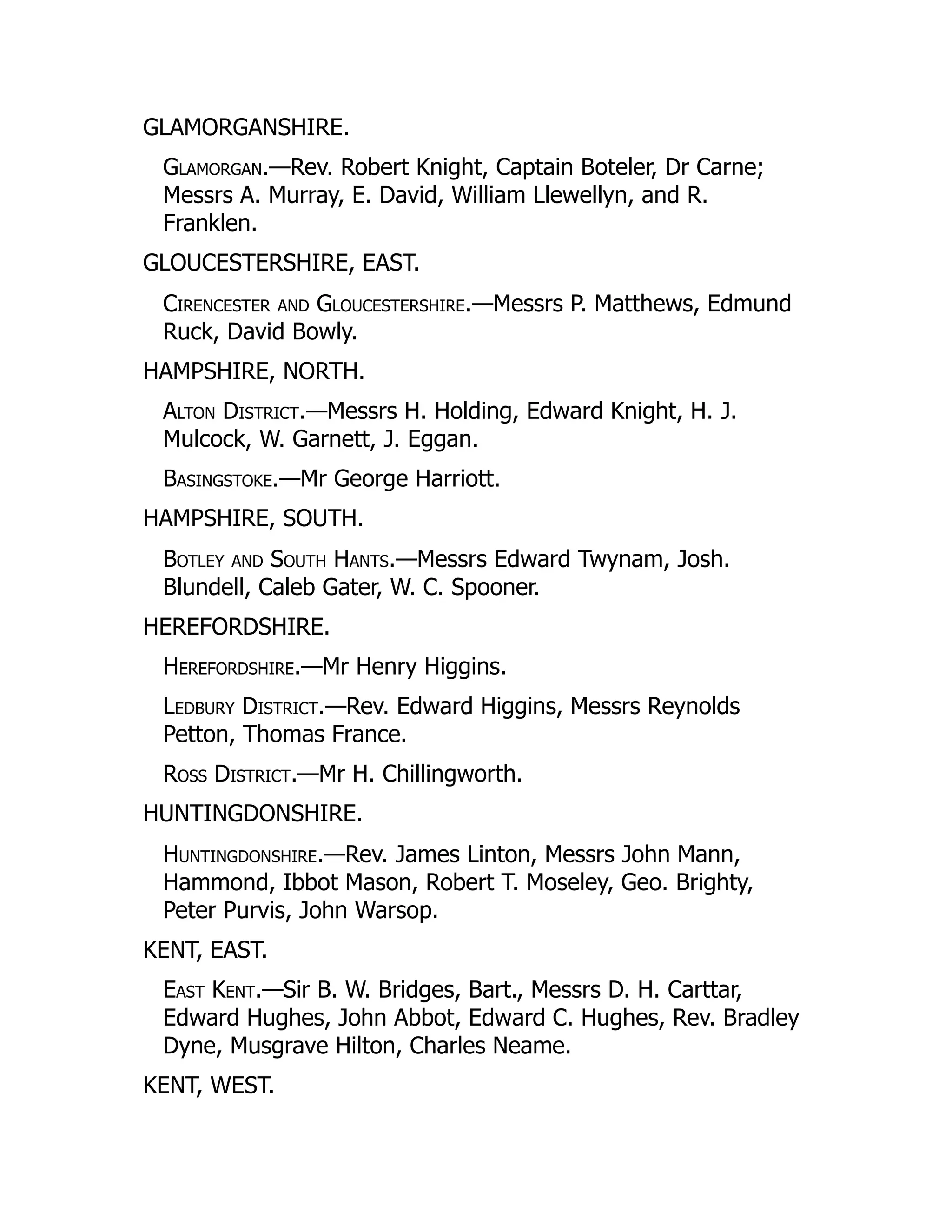 GLAMORGANSHIRE.
Glamorgan.—Rev. Robert Knight, Captain Boteler, Dr Carne;
Messrs A. Murray, E. David, William Llewellyn, and R.
Franklen.
GLOUCESTERSHIRE, EAST.
Cirencester and Gloucestershire.—Messrs P. Matthews, Edmund
Ruck, David Bowly.
HAMPSHIRE, NORTH.
Alton District.—Messrs H. Holding, Edward Knight, H. J.
Mulcock, W. Garnett, J. Eggan.
Basingstoke.—Mr George Harriott.
HAMPSHIRE, SOUTH.
Botley and South Hants.—Messrs Edward Twynam, Josh.
Blundell, Caleb Gater, W. C. Spooner.
HEREFORDSHIRE.
Herefordshire.—Mr Henry Higgins.
Ledbury District.—Rev. Edward Higgins, Messrs Reynolds
Petton, Thomas France.
Ross District.—Mr H. Chillingworth.
HUNTINGDONSHIRE.
Huntingdonshire.—Rev. James Linton, Messrs John Mann,
Hammond, Ibbot Mason, Robert T. Moseley, Geo. Brighty,
Peter Purvis, John Warsop.
KENT, EAST.
East Kent.—Sir B. W. Bridges, Bart., Messrs D. H. Carttar,
Edward Hughes, John Abbot, Edward C. Hughes, Rev. Bradley
Dyne, Musgrave Hilton, Charles Neame.
KENT, WEST.
 