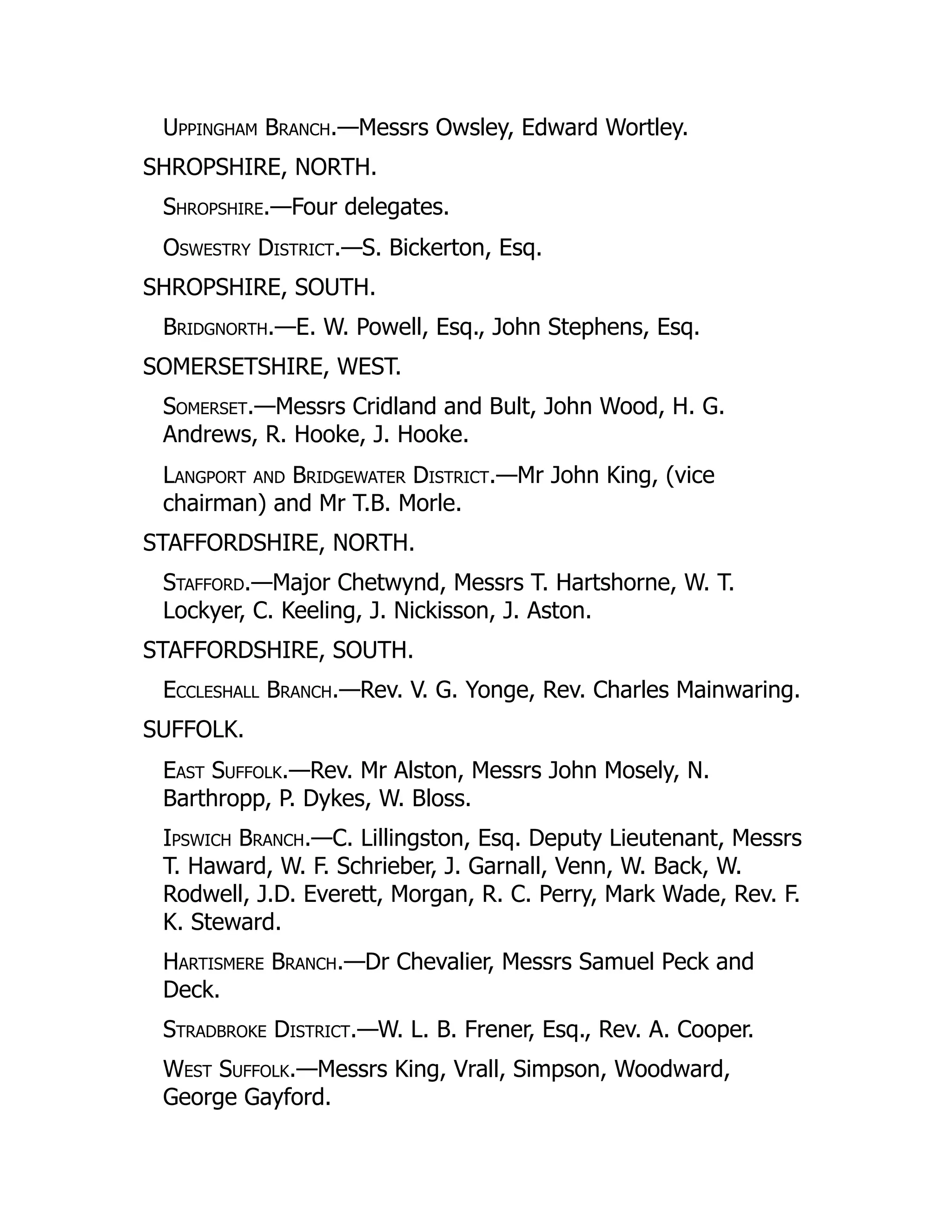 Uppingham Branch.—Messrs Owsley, Edward Wortley.
SHROPSHIRE, NORTH.
Shropshire.—Four delegates.
Oswestry District.—S. Bickerton, Esq.
SHROPSHIRE, SOUTH.
Bridgnorth.—E. W. Powell, Esq., John Stephens, Esq.
SOMERSETSHIRE, WEST.
Somerset.—Messrs Cridland and Bult, John Wood, H. G.
Andrews, R. Hooke, J. Hooke.
Langport and Bridgewater District.—Mr John King, (vice
chairman) and Mr T.B. Morle.
STAFFORDSHIRE, NORTH.
Stafford.—Major Chetwynd, Messrs T. Hartshorne, W. T.
Lockyer, C. Keeling, J. Nickisson, J. Aston.
STAFFORDSHIRE, SOUTH.
Eccleshall Branch.—Rev. V. G. Yonge, Rev. Charles Mainwaring.
SUFFOLK.
East Suffolk.—Rev. Mr Alston, Messrs John Mosely, N.
Barthropp, P. Dykes, W. Bloss.
Ipswich Branch.—C. Lillingston, Esq. Deputy Lieutenant, Messrs
T. Haward, W. F. Schrieber, J. Garnall, Venn, W. Back, W.
Rodwell, J.D. Everett, Morgan, R. C. Perry, Mark Wade, Rev. F.
K. Steward.
Hartismere Branch.—Dr Chevalier, Messrs Samuel Peck and
Deck.
Stradbroke District.—W. L. B. Frener, Esq., Rev. A. Cooper.
West Suffolk.—Messrs King, Vrall, Simpson, Woodward,
George Gayford.
 