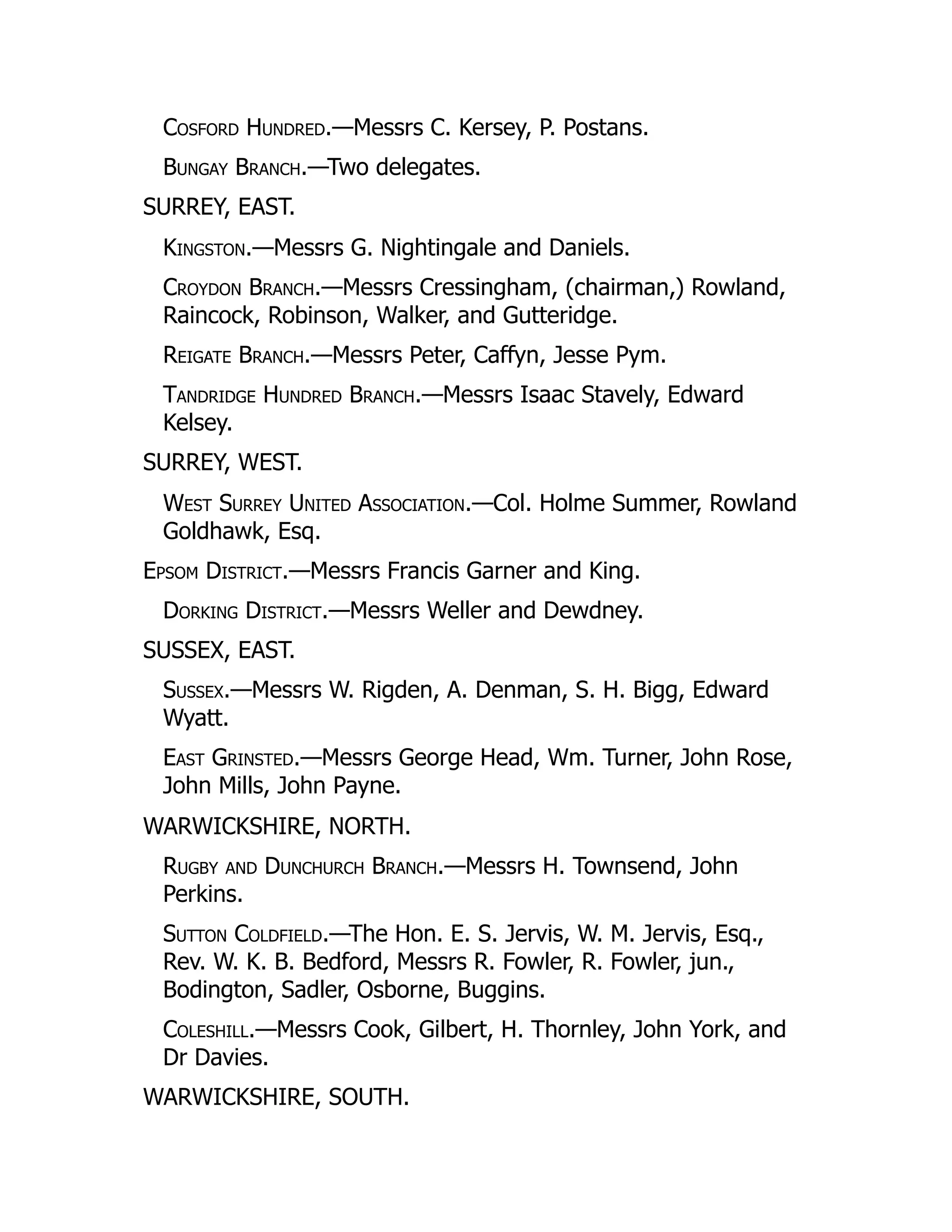 Cosford Hundred.—Messrs C. Kersey, P. Postans.
Bungay Branch.—Two delegates.
SURREY, EAST.
Kingston.—Messrs G. Nightingale and Daniels.
Croydon Branch.—Messrs Cressingham, (chairman,) Rowland,
Raincock, Robinson, Walker, and Gutteridge.
Reigate Branch.—Messrs Peter, Caffyn, Jesse Pym.
Tandridge Hundred Branch.—Messrs Isaac Stavely, Edward
Kelsey.
SURREY, WEST.
West Surrey United Association.—Col. Holme Summer, Rowland
Goldhawk, Esq.
Epsom District.—Messrs Francis Garner and King.
Dorking District.—Messrs Weller and Dewdney.
SUSSEX, EAST.
Sussex.—Messrs W. Rigden, A. Denman, S. H. Bigg, Edward
Wyatt.
East Grinsted.—Messrs George Head, Wm. Turner, John Rose,
John Mills, John Payne.
WARWICKSHIRE, NORTH.
Rugby and Dunchurch Branch.—Messrs H. Townsend, John
Perkins.
Sutton Coldfield.—The Hon. E. S. Jervis, W. M. Jervis, Esq.,
Rev. W. K. B. Bedford, Messrs R. Fowler, R. Fowler, jun.,
Bodington, Sadler, Osborne, Buggins.
Coleshill.—Messrs Cook, Gilbert, H. Thornley, John York, and
Dr Davies.
WARWICKSHIRE, SOUTH.
 