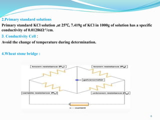 6
2.Primary standard solutions
Primary standard KCl solution ,at 25℃, 7.419g of KCl in 1000g of solution has a specific
conductivity of 0.01286Ω-1/cm.
3. Conductivity Cell :
Avoid the change of temperature during determination.
4.Wheat stone bridge :
 