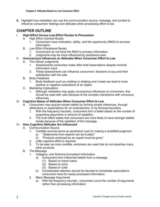 Chapter 6: Attitudes Based on Low Consumer Effort
Copyright © Cengage Learning. All rights reserved.
2
6. Highlight how marketers can use the communication source, message, and context to
influence consumers’ feelings and attitudes when processing effort is low.
CHAPTER OUTLINE
I. High-Effort Versus Low-Effort Routes to Persuasion
A. High Effort (Central Route)
1. Consumers have motivation, ability, and the opportunity (MAO) to process
information.
B. Low Effort (Peripheral Route)
1. Consumers do not have the MAO to process information.
2. Judgments may be more influenced by peripheral cues.
II. Unconscious Influences on Attitudes When Consumer Effort Is Low
A. Thin-Sliced Judgments
1. Assessments consumers make after brief observations despite minimal
information input.
2. These assessments can influence consumers’ decisions to buy and their
satisfaction with the sale.
B. Body Feedback
1. Body feedback such as nodding or shaking one’s head can lead to more
positive or negative evaluations of an object.
C. Marketing Implications
1. Although marketers may apply unconscious influences on consumers, this
should be used with care because of the complex interactions with conscious
influences.
III. Cognitive Bases of Attitudes When Consumer Effort Is Low
A. Consumers may acquire simple beliefs by forming simple inferences, through
attributions or explanations for an endorsement, or by forming heuristics.
1. With the frequency heuristic, consumers form a belief based on the number of
supporting arguments or amount of repetition.
2. The truth effect states that consumers are more likely to have stronger beliefs
simply because of the repetition of the message.
IV. How Cognitive Attitudes Are Influenced
A. Communication Source
1. Credible sources serve as peripheral cues for making a simplified judgment.
a) “Statements from experts can be trusted.”
b) “Products endorsed by an expert must be good.”
2. Little cognitive effort is required.
3. To be seen as more credible, endorsers are used that do not advertise many
other products.
B. The Message
1. Category- and Schema-Consistent Information
a) Consumers form inferential beliefs from a message.
(1). Based on brand name
(2). Based on price
(3). Based on color
b) Considerable attention should be devoted to immediate associations
consumers have for easily processed information.
2. Many Message Arguments
a) With the frequency heuristic, consumers count the number of arguments
rather than processing information
 