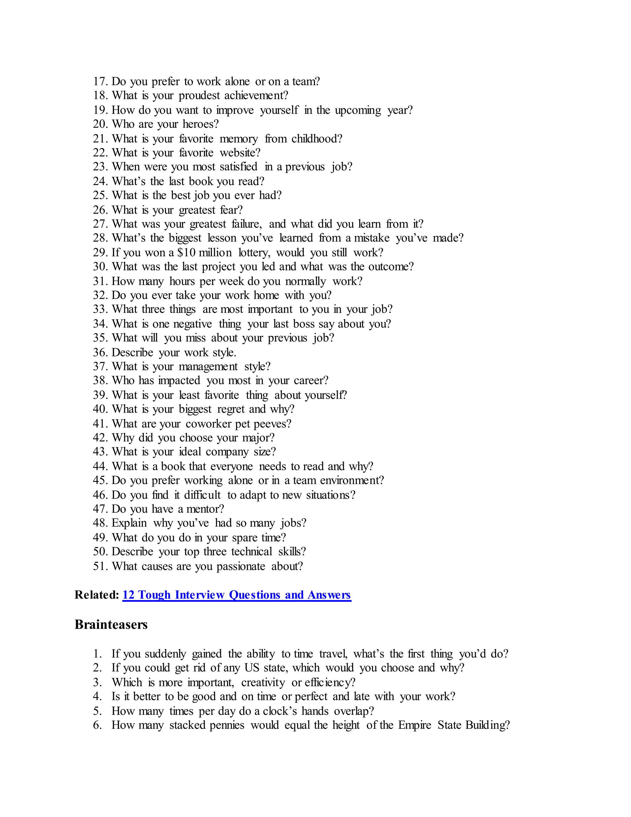 125 common interview questions and answers | DOCX | Resume Writing and ...