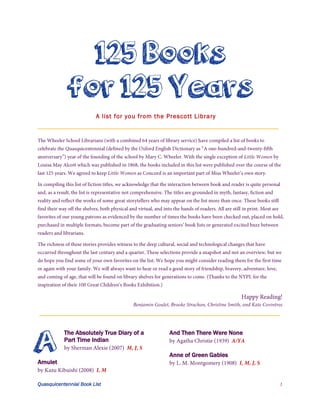 125 Books
for 125 Years
A list for you from the Prescott Library

A

The Absolutely True Diary of a
Part Time Indian

Amulet

Quasquicentennial Book List

And Then There Were None
Anne of Green Gables

 