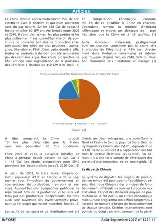 Just Another Newsletter Title
INF’OSE Août-Septembre 2017 n° 125 11
Promotion 2015Articles
La Chine produit approximativement 75% de son
électricité avec le charbon et quelques pourcents
avec du gaz naturel. Sur les 820 GW de capacité
fossile installée 80 GW ont été fermés entre 2005
et 2010. Il s’agit des usines les plus petites et les
plus polluantes. Il est aujourd’hui interdit de con-
struire de nouvelles centrales de production char-
bon autour des villes les plus peuplées : Guang-
zhou, Shanghai et Pékin. Dans cette dernière ville,
toutes les centrales à charbon ont été remplacées
par des centrales à gaz. Une étude prospective de
l’AIE anticipe une augmentation de la puissance
des centrales à charbon de 450 GW d’ici 2040. [5]
En comparaison, l’Allemagne consom-
me 4% de ce qu’utilise la Chine en charbon.
Cependant, ramené au nombre d’habitant
l’Allemagne se trouve aux alentours de 1 tep/
hab alors que la Chine est à 1,5 tep/hab. [1]
Autre indicateur intéressant, pratiquement
50% du charbon consommé par la Chine sert
à produire de l’électricité et 45% sert directe-
ment dans l’industrie (cimenteries et sidérur-
gie). Toujours d’après l’AIE, en 2040, 57% du char-
bon consommé sera transformé en énergie. [1]
Source : [2]
À titre comparatif, la Chine produit
10 fois plus d’électricité que la France
avec une population 20 fois supérieure.
Entre 2005 et 2013, la puissance installée en
Chine a presque doublé passant de 524 GW à
1 145 GW. Les études prospectives pour 2040
prévoient des besoins allant jusqu’à 2250 GW. [5]
A partir de 2002, le State Power Corporation
(SPC), équivalent d’EDF en France, a dû se seg-
menter sous l’impulsion du gouvernement en
sous-secteurs de production, transport et ser-
vices. Aujourd’hui cinq compagnies publiques se
répartissent 50% de la production et le reste est
tenu par des producteurs indépendants. On note
aussi une ouverture des investissements prove-
nant de l’étranger qui restent toutefois limités. [5]
Les actifs de transport et de distribution ont été
divisés en deux entreprises, une contrôlant le
Nord et l’autre le Sud du pays. La State Electric-
ity Regulatory Commission (SERC), équivalent de
la CRE, veille au respect et à l’application des lois
dans le secteur électrique. (2013 NEA). Par ail-
leurs, il y a une forte volonté de développer des
projets d’interconnexions et de smart-grids. [5]
Le dispatch Chinois
Le système de dispatch des moyens de produc-
tion en temps réel pour garantir l’équilibre du ré-
seau électrique Chinois a des principes de fonc-
tionnement différents de ceux en Europe ou aux
Etats-Unis. L’appel des différents moyens de pro-
duction ne se fait pas sur un critère économique
mais sur une programmation définie longtemps à
l’avance en nombre d’heures de fonctionnement
de chaque centrale. Certains inconvénients sont
pointés du doigt : un ralentissement de la péné-
 