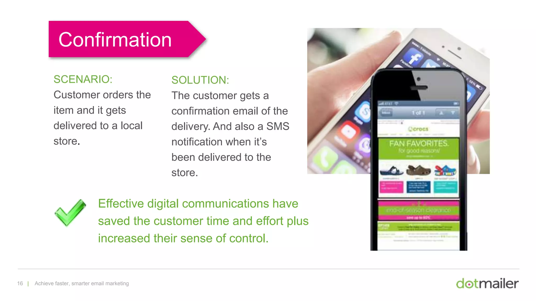 16 | Achieve faster, smarter email marketing
SCENARIO:
Customer orders the
item and it gets
delivered to a local
store.
SOLUTION:
The customer gets a
confirmation email of the
delivery. And also a SMS
notification when it’s
been delivered to the
store.
Confirmation
Effective digital communications have
saved the customer time and effort plus
increased their sense of control.
Confirmation
 