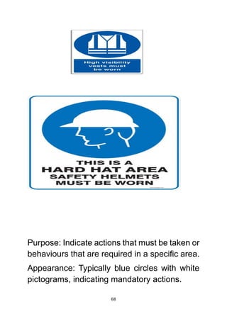 68
Purpose: Indicate actions that must be taken or
behaviours that are required in a specific area.
Appearance: Typically blue circles with white
pictograms, indicating mandatory actions.
 