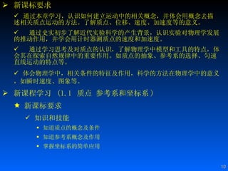 新课标要求 通过本章学习，认识如何建立运动中的相关概念，并体会用概念去描述相关质点运动的方法。了解质点、位移、速度、加速度等的意义。 通过史实初步了解近代实验科学的产生背景，认识实验对物理学发展的推动作用，并学会用计时器测质点的速度和加速度。 通过学习思考及对质点的认识，了解物理学中模型和工具的特点，体会其在探索自然规律中的重要作用。如质点的抽象、参考系的选择、匀速直线运动的特点等。 体会物理学中，相关条件的特征及作用，科学的方法在物理学中的意义，如瞬时速度、图象等。   新课程学习  (1.1  质点 参考系和坐标系 ) 新课标要求 知识和技能 知道质点的概念及条件 知道参考系概念及作用 掌握坐标系的简单应用  