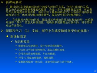 新课标要求 通过研究匀变速直线运动中速度与时间的关系，位移与时间的关系，体会公式表述和图象表述的优越性，为进一步应用规律奠定基础，体会数学在处理问题中的重要性。通过史实了解伽利略研究自由落体所用的实验和推论方法，体会科学推理的重要性，提高学生的科学推理能力。  在掌握相关规律的同时，通过对某些推论的导出过程的经历，体验物理规律“条件”的意义和重要性，明确很多规律都是有条件的，科学的推理也有条件性。   新课程学习  ( 2.1   实验：探究小车速度随时间变化的规律 ) 新课标要求 知识和技能 根据相关实验器材，设计实验并熟练操作。  会运用已学知识处理纸带，求各点瞬时速度。  会用表格法处理数据，并合理猜想。 巧用 v-t 图象处理数据，观察规律。  掌握画图象的一般方法，并能用简洁语言进行阐述。  