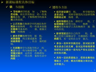 新课标课程具体目标 知识与技能   学习物理学的基础知识，了解物质结构、相互作用和运动的一些基本概念和规律，了解物理学的基本观点和思想。 认识实验在物理学中的地位和作用，掌握物理实验的一些基本技能，会使用基本的实验仪器，能独立完成一些物理实验。 初步了解物理学的发展历程，关注科学技术的主要成就和发展趋势以及物理学对经济、社会发展的影响。 关注物理学与其他学科之间的联系，知道一些与物理学相关的应用领域，能尝试运用有关的物理知识和技能解释一些自然现象和生活中的问题。   过程与方法   经历科学探究过程，认识科学探究的意义，尝试应用科学探究的方法研究物理问题，验证物理规律。   通过物理概念和规律的学习过程，了解物理学的研究方法，认识物理实验、物理模型和数学工具在物理学发展过程中的作用。 能计划并调控自己的学习过程，通过自己的努力能解决学习中遇到的一些物理问题，有一定的自主学习能力。 参加一些科学实践活动，尝试经过思考发表自己的见解，尝试运用物理原理和研究方法解决一些与生产和生活相关的实际问题。 具有一定的质疑能力，信息收集和处理能力，分析、解决问题能力和交流、合作能力。   