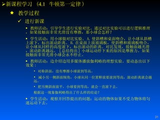 新课程学习  ( 4.1   牛顿第一定律 ) 教学过程 进行新课 教师活动：引导学生进行实验对比。通过对比实验可以进行逻辑推理，如果接触面非常光滑没有摩擦，那小球会怎样？ 学生活动：用小球做对比实验。 A. 使斜槽和桌面吻合，让小球从斜槽上滚下，标出滚动距离。 B. 在桌面上放玻璃板，使斜槽和玻璃板吻合，让小球从同样的高度滚下，标出滚动的距离。对比发现，接触面越光滑，滚动距离越远。［总结得出］小球运动停下来的原因是摩擦力。如果接触面非常光滑小球会永不停止。  教师活动：边介绍边用多媒体播放伽利略的理想实验。要动态出以下效果 :  对称斜面，没有摩擦小球滚到等高。 减小另一侧斜面倾角，小球从同一位置释放要滚到等高，滚动距离就会越远。 把另侧斜面放平，小球要到等高，就会一直滚下去。 根据这一现象伽利略得出了什么样的结论？  学生活动：观察并回答提出的问题：运动的物体如果不受力物体将匀速运动下去。 