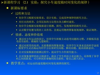新课程学习  ( 2.1   实验：探究小车速度随时间变化的规律 ) 新课标要求 过程和方法 初步学习根据实验要求，设计实验，完成某种规律的探究方法。 对打出的纸带，会用近似的方法得出各点瞬时速度。 初步学会根据实验数据进行猜测、探究、发现规律的探究方法。 认识数学化繁为简的工具作用，直观运用物理图象展现规律，验证规律。 情感、态度和价值观 通过对小车运动的设计，培养学生积极主动思考问题的习惯，并锻炼其思考的全面性、准确性与逻辑性。  通过对纸带的处理，实验数据的图象展现，培养学生实事求是的科学态度，能使学生灵活地运用科学方法来研究问题，解决问题，提高创新意识。  在对实验数据的猜测过程中，提高学生合作探究能力。  在对现象规律的语言阐述中，提高了学生的语言表达能力，还体现了各学科之间的联系，可引伸到各事物间的关联性，使自己溶入社会。  教学重点 ： 对运动的速度随时间变化规律的探究。 