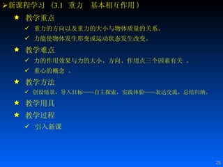 新课程学习  ( 3.1   重力  基本相互作用 ) 教学重点 重力的方向以及重力的大小与物体质量的关系。 力能使物体发生形变或运动状态发生改变。 教学难点 力的作用效果与力的大小、方向、作用点三个因素有关 。 重心的概念 。 教学方法 创设情景，导入目标——自主探索，实践体验——表达交流，总结归纳。  教学用具 教学过程 引入新课 