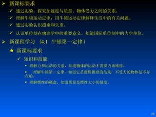 新课标要求 通过实验，探究加速度与质量、物体受力之间的关系。  理解牛顿运动定律，用牛顿运动定律解释生活中的有关问题。  通过实验认识超重和失重。  认识单位制在物理学中的重要意义。知道国际单位制中的力学单位。   新课程学习  ( 4.1   牛顿第一定律 ) 新课标要求 知识和技能 理解力和运动的关系，知道物体的运动不需要力来维持。  理解牛顿第一定律，知道它是逻辑推理的结果，不受力的物体是不存在的。  理解惯性的概念，知道质量是惯性大小的量度。 