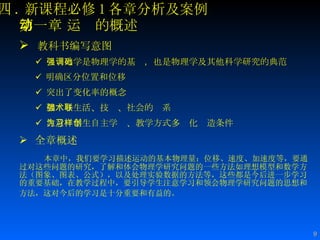 四 . 新课程必修 1 各章分析及案例 第一章 运动的概述 教科书编写意图 强调力学是物理学的基础，也是物理学及其他科学研究的典范 明确区分位置和位移 突出了变化率的概念 加强与生活、技术、社会的联系   注意为学生自主学习、教学方式多样化创造条件  全章概述 本章中，我们要学习描述运动的基本物理量：位移、速度、加速度等，要通过对这些问题的研究，了解和体会物理学研究问题的一些方法如理想模型和数学方法（图象、图表、公式），以及处理实验数据的方法等，这些都是今后进一步学习的重要基础，在教学过程中，要引导学生注意学习和领会物理学研究问题的思想和方法，这对今后的学习是十分重要和有益的。   