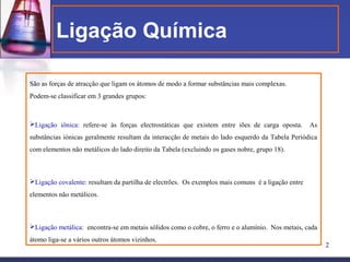 Ligação Química

São as forças de atracção que ligam os átomos de modo a formar substâncias mais complexas.
Podem-se classificar em 3 grandes grupos:



Ligação iônica: refere-se às forças electrostáticas que existem entre iões de carga oposta.       As
substâncias iónicas geralmente resultam da interacção de metais do lado esquerdo da Tabela Periódica
com elementos não metálicos do lado direito da Tabela (excluindo os gases nobre, grupo 18).



Ligação covalente: resultam da partilha de electrões. Os exemplos mais comuns é a ligação entre
elementos não metálicos.



Ligação metálica: encontra-se em metais sólidos como o cobre, o ferro e o alumínio. Nos metais, cada
átomo liga-se a vários outros átomos vizinhos.
                                                                                                        2
 
