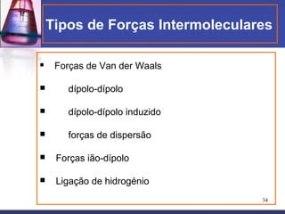 Tipos de Forças Intermoleculares

    Forças de Van der Waals

      dípolo-dípolo

      dípolo-dípolo induzido

      forças de dispersão

    Forças ião-dípolo

    Ligação de hidrogénio
                                  34
 