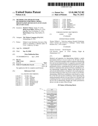 c12) United States Patent
Nelson et al.
(54)
(75)
METHODS AND APPARATUS FOR
DETERMINING WHETHER A MEDIA
PRESENTATION DEVICE IS IN AN ON STATE
ORAN OFF STATE
Inventors: Daniel J. Nelson, Tampa, FL (US);
Brian Scott Mello, Oldsmar, FL (US);
Luc Zio, New Port Richey, FL (US);
David James Croy, Palm Harbor, FL
(US)
(73) Assignee: The Nielsen Company (US), LLC,
Schaumburg, IL (US)
( *) Notice: Subject to any disclaimer, the term ofthis
patent is extended or adjusted under 35
U.S.C. 154(b) by 723 days.
(21) Appl. No.: 12/242,337
(22) Filed: Sep.30,2008
(65)
(51)
(52)
(58)
(56)
Prior Publication Data
US 2010/0083299 Al Apr. 1, 2010
Int. Cl.
G06F 15118 (2006.01)
U.S. Cl. ........................................................... 706/1
Field of Classification Search .................. 706/1-9;
725/9-20
See application file for complete search history.
References Cited
U.S. PATENT DOCUMENTS
3,281,695 A 10/1966 Bass
3,315,160 A 4/1967 Goodman
3,483,327 A 12/1969 Schwartz
3,633,112 A 111972 Anderson
3,651,471 A 3/1972 Haselwood et al.
3,733,430 A 5/1973 Thompson et a!.
3,803,349 A 4/1974 Watanabe
3,906,454 A 9/1975 Martin
IIIIII 1111111111111111111111111111111111111111111111111111111111111
US008180712B2
(10) Patent No.: US 8,180,712 B2
May 15,2012(45) Date of Patent:
3,947,624 A
4,027,332 A
4,044,376 A
4,058,829 A
4,245,245 A
4,388,644 A
4,546,382 A
3/1976 Miyake
5/1977 Wu eta!.
8/1977 Porter
1111977 Thompson
111981 Matsumoto eta!.
6/1983 Ishman et al.
10/1985 McKenna eta!.
(Continued)
FOREIGN PATENT DOCUMENTS
CN 1244982 212000
(Continued)
OTHER PUBLICATIONS
Thomas, William L., "Television Audience Research Technology,
Today's Systems and Tomorrow's Challenges," Nielsen Media
Research, Jun. 5, 1992 (4 pages).
(Continued)
Primary Examiner- David Vincent
(74) Attorney, Agent, or Firm- Hanley, Flight &
Zimmerman, LLC.
(57) ABSTRACT
Methods and apparatus for determining whether a media
presentation device is in an on state or an off state are dis-
closed. A disclosed example method comprises determining
first and second characteristics ofa signature associated with
a signal representative ofmedia content presentedvia a media
presentation device, evaluating the first and second charac-
teristics to determine first and second fuzzy contribution val-
ues representing, respectively, degrees with which the first
and second characteristics correspond to the media presenta-
tion device being in at least one ofan on state or an off state,
determining a third fuzzy contribution value based on anum-
ber of the first and second contribution values indicating the
media presentation device is in one ofthe on or offstates, and
combining the first, second and third fuzzy contribution val-
ues for use in determining whether the media presentation
device is in the on state or the off state.
COLLECT DATA FROM DATABASE
CREATE INPUT FOR FUZZY ENGINE
BY COLLECTING THE GAIN FROM A
MICROPHONE
CREATE INPUT FOR FUZZY ENGINE
BY COLLECTING REMOTE
CONTROL HINTS
COLLECT SIGNATURE FOR USE IN
CREATING INPUTS FOR FUZZY
ENGINE
DETERMINE AN INPUT FROM THE
INTEGRATED MAGNITUDE OF THE
SIGNATURE
DETERMINE AN INPUT FROM THE
STANDARD DEVIATION OF THE
SIGNATURE MAGNITUDE
ANALYZE INPUTS IN A FUZZY LOGIC
ENGINE
FILTER AND NORMALIZE ANALYSIS
RESULTS IN FUZZY LOGIC ENGINE
IDENTIFY ON STATE OR OFF STATE
29 Claims, 24 Drawing Sheets
 