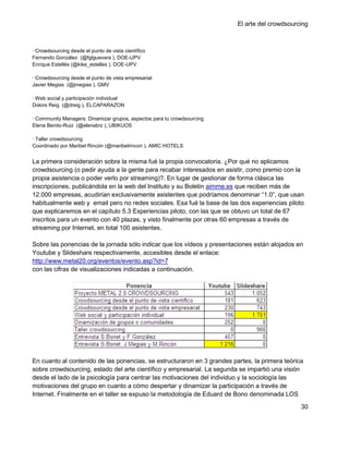 El arte del crowdsourcing



· Crowdsourcing desde el punto de vista científico
Fernando González (@fglguevara ), DOE-UPV
Enrique Estellés (@kike_estelles ), DOE-UPV

· Crowdsourcing desde el punto de vista empresarial
Javier Megias (@jmegias ), GMV

· Web social y participación individual
Dolors Reig (@dreig ), ELCAPARAZON

· Community Managers: Dinamizar grupos, aspectos para tu crowdsourcing
Elena Benito-Ruiz (@elenabrz ), UBIKUOS

· Taller crowdsourcing
Coordinado por Maribel Rincón (@maribelrincon ), AMIC HOTELS


La primera consideración sobre la misma fué la propia convocatoria. ¿Por qué no aplicamos
crowdsourcing (o pedir ayuda a la gente para recabar interesados en asistir, como premio con la
propia asistencia o poder verlo por streaming)?. En lugar de gestionar de forma clásica las
inscripciones, publicándola en la web del Instituto y su Boletin aimme.es que reciben más de
12.000 empresas, acudirían exclusivamente asistentes que podríamos denominar ―1.0‖, que usan
habitualmente web y email pero no redes sociales. Esa fué la base de las dos experiencias piloto
que explicaremos en el capítulo 5.3 Experiencias piloto, con las que se obtuvo un total de 67
inscritos para un evento con 40 plazas, y visto finalmente por otras 60 empresas a través de
streaming por Internet, en total 100 asistentes.

Sobre las ponencias de la jornada sólo indicar que los vídeos y presentaciones están alojados en
Youtube y Slideshare respectivamente, accesibles desde el enlace:
http://www.metal20.org/eventos/evento.asp?id=7
con las cifras de visualizaciones indicadas a continuación.




En cuanto al contenido de las ponencias, se estructuraron en 3 grandes partes, la primera teórica
sobre crowdsourcing, estado del arte científico y empresarial. La segunda se impartió una visión
desde el lado de la psicología para centrar las motivaciones del individuo y la sociología las
motivaciones del grupo en cuanto a cómo despertar y dinamizar la participación a través de
Internet. Finalmente en el taller se expuso la metodología de Eduard de Bono denominada LOS

                                                                                                30
 