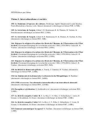 INTERCulture 
par 
thème 
Thème I: Interculturalisme et sociétés 
150- Le féminisme à l'épreuve des cultures. Frédérique Appfel Marglin and Loyda Sánchez, 
Neela Bhattacharya Saxena, Leila Ahmed. (document à télécharger en format PDF, 4,7Mb). 
149- Le terrorisme de l'argent, Cahier I. D. Rasmussen, R. K. Thomas, R. Vachon, K. 
Das(document à télécharger en format PDF, 2,7Mb). 
147- Le terrorisme de l'argent, Cahier II. D. Rasmussen, R. K. Thomas, R. Vachon, K. Das. 
(document à télécharger en format PDF, 3Mb). 
146- Dépasser la religion et la culture des Droits de l’Homme, de l’État-nation et de l’État 
de droit. Chronique/témoignage de la recherche-action de l’IIM. (1970-2004). Cahier III. R. 
Vachon. (document à télécharger en format PDF, 2,8Mb). 
144- Dépasser la religion et la culture des Droits de l’Homme, de l’État-nation et de l’État 
de droit. Chronique/témoignage de la recherche-action de l’IIM. (1970-2004). Cahier II. R. 
Vachon. (document à télécharger en format PDF, 3,1Mb). 
143- Dépasser la religion et la culture des Droits de l’Homme, de l’État-nation et de l’État 
de droit. Chronique/témoignage de la recherche-action de l’IIM. (1970-2004). Cahier I. R. 
Vachon. (document à télécharger en format PDF, 3Mb). 
138-Au-delà de la démocratie globale. A. Nandy, J. Clammer, R. Vachon. (document à 
télécharger en format PDF, 2,6Mb). 
136-Les fondements de la démocratie. La découverte du Métapolitique. R. Panikkar. 
(document à télécharger en format PDF, 2,6Mb). 
135-L'IIM et sa revue. Une alternative interculturelle et un interculturel alternatif. 
(document à télécharger en format PDF, 12,9Mb). 
132-Écosophie et sylvilization. E. Goldsmith et al. (document à télécharger en format PDF, 
2,6Mb). 
117- Le droit de conquête. Cahier II. E. Le Roy, C. F. Filho, U. Schuerkens, C. Liazu, H. 
Zaoual, A. Boudahrain, B. Hours. (document à télécharger en format PDF, 1,8Mb) 
116- Le droit de conquête. Cahier I. E. Le Roy, C. F. Filho, U. Schuerkens, C. Liazu, H. 
Zaoual, A. Boudahrain, B. Hours. (document à télécharger en format PDF, 1,4Mb). 
115-Comment communiquer la sagesse? S. Eastham. (document à télécharger en format PDF, 
1,6Mb) 
 
