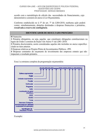 CURSO ON-LINE – AFO EM EXERCÍCIOS P/ POLÍCIA FEDERAL
QUESTÕES DO CESPE
PROFESSOR: SÉRGIO MENDES

acordo com a metodologia de cálculo das necessidades de financiamento, cujo
demonstrativo constará em anexo à Lei Orçamentária.
Conforme estabelecido no § 5º do art. 7º da LDO-2010, nenhuma ação poderá
conter, simultaneamente, dotações destinadas a despesas financeiras e primárias,
ressalvada a reserva de contingência.
IDENTIFICADOR DE RESULTADO PRIMÁRIO
0 Financeira
1 Primária obrigatória, ou seja, aquelas que constituem obrigações constitucionais ou
legais da União e constem da Seção I do Anexo V da LDO -2010.
2 Primária discricionária, assim consideradas aquelas não incluídas no anexo específico
citado no item anterior.
3 Despesas relativas ao Projeto-Piloto de Investimentos Públicos –PPI.
4 Despesas constantes do orçamento de investimento das empresas estatais que não
impactam o resultado primário.

Essa é a estrutura completa da programação orçamentária:

Exemplo:

19

www.pontodosconcursos.com.br

 