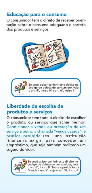 O consumidor tem o direito de receber orien-
tação sobre o consumo adequado e correto
dos produtos e serviços.
Educação para o consumo
O consumidor tem todo o direito de escolher
o produto ou serviço que achar melhor.
Condicionar a venda ou prestação de um
serviço a outro, a chamada “venda casada”, é
prática proibida (ex: uma instituição
financeira exigir, para conceder um
empréstimo, que seja também realizado um
seguro de vida).
Liberdade de escolha de
produtos e serviços
Se você quiser conferir este direito no
código de defesa do consumidor, veja
o art. 4º, inciso IV e art. 6º, inciso II.
Se você quiser conferir este direito no
código de defesa do consumidor, veja
o art. 6º, inciso II. Sobre a proibição da
“venda casada”, veja o art. 39, inciso I.
 