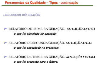 Ferramentas da Qualidade – Tipos - continuação
7-RELATÓRIO DE TRÊS GERAÇÕES
➢ RELATÓRIO DE PRIMEIRA GERAÇÃO- SITUAÇÃO ANTIGA
o que foi planejado no passado;
➢ RELATÓRIO DE SEGUNDA GERAÇÃO- SITUAÇÃO ATUAL
o que foi executado no presente;
➢ RELATÓRIO DE TERCEIRA GERAÇÃO- SITUAÇÃO FUTURA
o que foi proposto para o futuro.
 